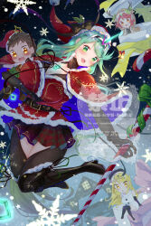 1boy 3girls alternate_costume breasts chibi dress large_breasts multiple_girls mythra_(xenoblade) nemu_(ut_kakinotane) pneuma_(xenoblade) pyra_(xenoblade) rex_(xenoblade) santa_dress xenoblade_chronicles_(series) xenoblade_chronicles_2