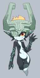 Rule 34 | 1girl, colored sclera, fang, female focus, grey background, highres, looking at viewer, midna, navel, nintendo, pointy ears, red eyes, simple background, solo, the legend of zelda, the legend of zelda: twilight princess, thigh gap, tirarizun, yellow sclera