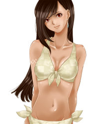 Rule 34 | 1990s (style), 1girl, arms behind back, bad id, bad pixiv id, bare shoulders, bikini, breasts, brown eyes, brown hair, cleavage, earrings, female focus, final fantasy, final fantasy vii, fujimoto kishino, highres, jewelry, large breasts, long hair, red eyes, retro artstyle, simple background, solo, square enix, swimsuit, tan, tanline, tifa lockhart