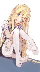 Rule 34 | 1girl, blonde hair, blue eyes, blush, highres, hololive, hololive english, kiirokuma, knees together feet apart, knees up, long hair, looking at viewer, open mouth, pantyhose, sitting, skirt, smile, solo, thighhighs, very long hair, virtual youtuber, watson amelia, watson amelia (street casual), white pantyhose, white thighhighs