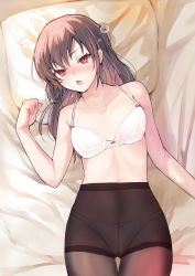 Rule 34 | 1girl, absurdres, bare shoulders, bed sheet, blush, bra, breasts, brown hair, brown pantyhose, collarbone, covered navel, high-waist pantyhose, highres, long hair, looking at viewer, lying, medium breasts, on back, on bed, open mouth, original, panties, panties under pantyhose, pantyhose, pillow, red eyes, solo, thighs, tomozero, underwear, underwear only, white bra, white panties