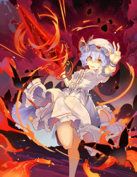 Rule 34 | 1girl, :d, blue hair, breasts, commentary request, dress, energy, falken (yutozin), feet out of frame, hair between eyes, hat, hat ribbon, highres, looking at viewer, medium breasts, mob cap, open mouth, puffy short sleeves, puffy sleeves, red eyes, red ribbon, remilia scarlet, ribbon, shaded face, short hair, short sleeves, smile, solo, spear the gungnir, standing, standing on one leg, thighs, touhou, white dress, white hat, wrist cuffs