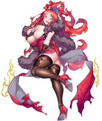 Rule 34 | 1girl, alternate hairstyle, ass, astaroth (taimanin asagi), blush, breasts, breasts out, dress, fire, full body, fur trim, gloves, high heels, huge breasts, lilith-soft, long hair, long tongue, naughty face, nipples, official art, pantyhose, ponytail, potion (moudamepo), red dress, red hair, sharp teeth, simple background, solo, taimanin (series), taimanin rpgx, teeth, tongue, yellow eyes