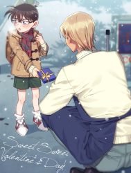 Rule 34 | 2boys, age difference, amuro tooru, apron, averting eyes, backpack, bag, black-framed eyewear, black footwear, blonde hair, blue apron, blue eyes, blue pants, blurry, blush, box, breath, brown coat, brown hair, cardigan, child, coat, commentary request, depth of field, duffel coat, edogawa conan, employee uniform, english text, facing away, gift, gift box, giving, glasses, green shorts, hair between eyes, happy valentine, height difference, holding, holding box, holding gift, k (gear labo), long sleeves, looking to the side, loose socks, male focus, meitantei conan, multiple boys, onii-shota, open mouth, outdoors, pants, plaid, plaid scarf, red footwear, red scarf, scarf, school bag, shoes, short hair, shorts, sneakers, snowing, socks, squatting, standing, uniform, valentine, white cardigan, white socks, yaoi
