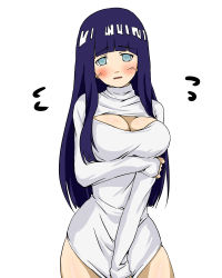 Rule 34 | 1girl, blush, breasts, cleavage, cleavage cutout, clothes pull, clothing cutout, embarrassed, highres, hime cut, hyuuga hinata, iwaserie, meme attire, naruto, naruto (series), open-chest sweater, purple eyes, purple hair, shirt pull, sweater, turtleneck