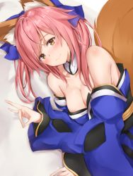 Rule 34 | 10s, 1girl, animal ears, bare shoulders, blue ribbon, blush, breasts, cleavage, closed mouth, detached collar, detached sleeves, fate/extra, fate (series), fox ears, fox shadow puppet, hair ribbon, highres, japanese clothes, long hair, long sleeves, looking at viewer, lying, maosame, medium breasts, obi, on side, pink hair, ribbon, sash, sleeves past wrists, solo, swept bangs, tamamo no mae (fate/extra), upper body, wide sleeves, yellow eyes