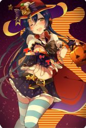 Rule 34 | 10s, 1girl, bad id, bad twitter id, blue hair, blush, bow, english text, fingerless gloves, gloves, halloween, hat, hat bow, jack-o&#039;-lantern, long hair, looking at viewer, love live!, love live! school idol festival, love live! school idol project, midriff, miseo (mrkglove), navel, one eye closed, skirt, solo, sonoda umi, striped clothes, striped thighhighs, thighhighs, trick or treat, witch hat, yellow eyes