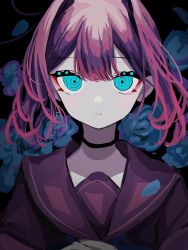 Rule 34 | 1girl, ahute, antenna hair, bad id, bad pixiv id, bed of roses, blue eyes, blush, choker, flower, gradient hair, hands on own chest, highres, looking at viewer, multicolored hair, original, parted lips, pink hair, purple hair, rose, school uniform, serafuku, solo, two-tone hair