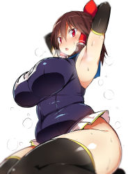Rule 34 | 1girl, :o, alternate costume, armpits, arms behind head, arms up, benjamin button suukina jinsei, black gloves, black thighhighs, blurry, blush, breasts, brown hair, cookie (touhou), covered navel, depth of field, elbow gloves, fat rolls, gloves, gold trim, hair tubes, hakurei reimu, heavy breathing, highres, hip focus, huge breasts, impossible clothes, looking at viewer, microskirt, one-piece swimsuit, open mouth, plump, red eyes, reu (cookie), school swimsuit, seiza, short hair, sitting, skirt, solo, sweat, swimsuit, thick thighs, thighhighs, thighs, touhou, tsurime, white background