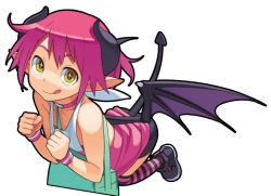 Rule 34 | 1girl, :q, bike shorts, demon girl, demon tail, demon wings, full body, go robots, horns, lilim (waguruma!), looking at viewer, pink hair, sleeveless, solo, striped clothes, striped thighhighs, symbol-shaped pupils, tail, thighhighs, tongue, tongue out, transparent background, waguruma!, wings