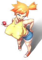 Rule 34 | 1girl, alternate breast size, aqua eyes, asymmetrical hair, bare arms, bare legs, bare shoulders, blue eyes, blush, breasts, cowboy shot, creatures (company), curvy, denim, denim shorts, game freak, gym leader, hair between eyes, highres, holding, holding poke ball, huge breasts, large breasts, legs, looking at viewer, misty (pokemon), nintendo, open mouth, orange hair, ozaki (psyozaki), poke ball, pokemon, pokemon (anime), pokemon (classic anime), ponytail, shadow, shiny skin, shirt, short hair, short ponytail, short shorts, shorts, side ponytail, simple background, sleeveless, sleeveless shirt, smile, solo, standing, suspenders, tank top, thighs, wide hips, yellow shirt