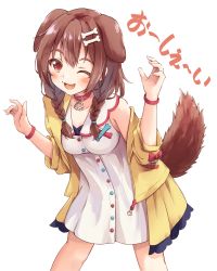 Rule 34 | 1girl, ;d, animal ears, bare shoulders, blush, bone hair ornament, bow, breasts, brown eyes, brown hair, cartoon bone, collared dress, commentary request, dog ears, dog girl, dog tail, dress, fang, hair ornament, hands up, highres, hololive, inugami korone, inugami korone (1st costume), jacket, long sleeves, looking at viewer, medium breasts, minazuki mizu, off shoulder, one eye closed, open clothes, open jacket, open mouth, red bow, simple background, sleeveless, sleeveless dress, smile, solo, standing, tail, tail raised, translation request, virtual youtuber, white background, white dress, yellow jacket