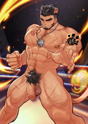 Rule 34 | 1boy, abs, alca (wakatanka4), animal ears, baimeme, bara, beard, black hair, chest hair, commission, completely nude, dark-skinned male, dark skin, excessive pubic hair, extra ears, facial hair, feet out of frame, fighting stance, fire, flaccid, gyee, hairy, highres, large hands, large pectorals, leg hair, lion boy, lion ears, lion tail, male focus, male pubic hair, mature male, muscular, muscular male, navel, navel hair, nipples, nude, original, pectorals, penis, pubic hair, scar, scar on chest, scar on leg, short hair, smirk, solo, standing, stomach, tail, thick eyebrows, thick thighs, thighs, uncensored, undercut