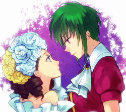 Rule 34 | 2girls, asellus (saga frontier), blue eyes, blue theme, breasts, brown hair, curly hair, dress, flower, frills, gloves, green hair, looking at another, multiple girls, princess white rose, red eyes, red flower, red rose, rose, saga, saga frontier, short hair, short hair with long locks, smile, white flower, white rose, yellow flower, yellow rose