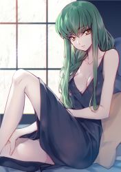 Rule 34 | 1girl, bare shoulders, black dress, breasts, c.c., cleavage, code geass, commentary request, creayus, dress, green hair, long hair, looking at viewer, medium breasts, sitting, sleeveless, sleeveless dress, smile, solo, yellow eyes