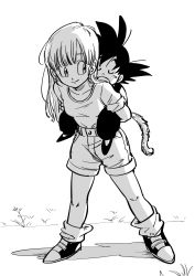 Rule 34 | 1boy, 1girl, backlighting, bare legs, black footwear, black hair, blunt bangs, boots, breasts, bulma, carrying, closed eyes, collarbone, commentary request, d:, dragon ball, dragon ball (classic), eyelashes, flower, full body, grass, greyscale, highres, legs apart, long hair, looking at viewer, looking back, medium breasts, monkey tail, monochrome, open mouth, piggyback, road, shaded face, shadow, shirt, shirt tucked in, shorts, sleeping, sleeves rolled up, smile, socks, son goku, spiked hair, standing, straight hair, tail, tkgsize, u u, white flower, white shirt