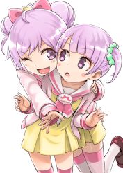 Rule 34 | 2girls, blush, blush stickers, bow, double bun, hair bow, hair bun, hug, hug from behind, long hair, looking at another, looking back, manaka laala, manaka non, multiple girls, one eye closed, open mouth, pretty series, pripara, purple eyes, purple hair, scrunchie, short hair, siblings, side ponytail, sisters, smile, striped clothes, striped legwear, striped thighhighs, tea (nakenashi), thighhighs, twintails, v