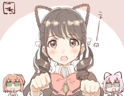 Rule 34 | 3girls, amamiya sophia seren, animal ears, animification, artist name, assault lily, blue eyes, blush, bow, bowtie, braid, brown eyes, brown hair, brown jacket, cat, cat ears, chibi, chibi inset, collared shirt, commentary request, cosplay, crossed bangs, drill hair, fake animal ears, fang, gochisousama (tanin050), green bow, green eyes, hair bow, hair ears, hair ribbon, hands up, jacket, jewelry, juliet sleeves, kishimoto lucia raimu, kishimoto lucia raimu (cosplay), long hair, long sleeves, looking at another, looking at viewer, low twintails, ludvico private girls&#039; academy school uniform, medium hair, miyase reina, multiple girls, necklace, nose blush, one side up, open mouth, orange hair, paw pose, pendant, pink background, pink bow, pink bowtie, portrait, puffy sleeves, real life, rectangular mouth, ribbon, school uniform, shaded face, shirt, short hair, solid oval eyes, sweatdrop, toda eulalia kotohi, translated, twin braids, twin drills, twintails, two-tone background, v-shaped eyebrows, voice actor, voice actor connection, wavy mouth, white background, white ribbon, white shirt
