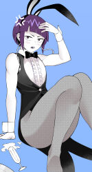 Rule 34 | 1girl, absurdres, animal ears, arm support, bare arms, blue background, blush, boku no hero academia, bow, bowtie, highres, jirou kyouka, knees together feet apart, koyap, looking at viewer, on floor, pantyhose, purple hair, rabbit ears, short hair, simple background, sleeveless blazer, solo, wrist cuffs