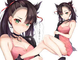 Rule 34 | 1girl, 4min, absurdres, asymmetrical bangs, asymmetrical hair, bare shoulders, black hair, black jacket, blush, breasts, choker, cleavage, collarbone, commentary request, creatures (company), dress, earrings, game freak, green eyes, hair ribbon, highres, jacket, jewelry, long sleeves, looking at viewer, marnie (pokemon), multiple views, nintendo, off-shoulder jacket, off shoulder, open clothes, pink dress, pokemon, pokemon swsh, red ribbon, ribbon, simple background, smile, translation request, twintails, white background