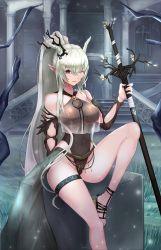 Rule 34 | 1girl, arknights, bare legs, bare shoulders, black leotard, breasts, building, commentary request, covered navel, feet out of frame, grass, hair between eyes, halterneck, hand up, highres, holding, holding staff, horns, knee up, korean commentary, large breasts, leotard, long hair, looking at viewer, nayamer, official alternate costume, one eye closed, pointy ears, ponytail, red eyes, rock, sandals, shining (arknights), shining (silent night) (arknights), sidelocks, silver hair, sitting, solo, staff, thigh strap, thighs, very long hair