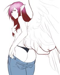 Rule 34 | 1girl, ahoge, angel wings, ass, black panties, breasts, brown eyes, brown hair, commentary, cowboy shot, denim, dressing, english commentary, feathered wings, from behind, frown, gradient hair, greyscale, haohi (less), highres, jeans, large wings, less, looking back, medium breasts, monochrome, multicolored hair, nipples, original, panties, pants, pink hair, pointy ears, simple background, solo, spot color, topless, underwear, wings