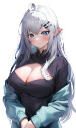 Rule 34 | 1girl, ahoge, black shirt, blue cardigan, blush, breasts, cardigan, cardigan partially removed, cleavage, cleavage cutout, clothing cutout, cross-shaped pupils, ear piercing, grey hair, hair ornament, hairpin, hand on own hip, highres, large breasts, light smile, looking at viewer, original, piercing, pointy ears, shirt, shuvi (shuvi1125), simple background, solo, symbol-shaped pupils, white background