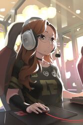 Rule 34 | 1girl, absurdres, amigo (hua cao), black choker, black shirt, chair, choker, closed mouth, earphones, gaming chair, glasses, highres, holding, indoors, keyboard (computer), long hair, mole, mole under mouth, mouse (computer), mousepad (medium), orange eyes, orange hair, original, playing games, shirt, short sleeves, sitting, smile, solo, swivel chair, table