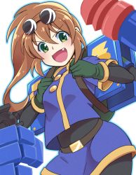 Rule 34 | 1girl, :d, abiko yuuji, blouse, blue shirt, blue skirt, bodysuit, breasts, brown hair, commentary request, covered navel, crop top, eyewear on head, gloves, green eyes, hair between eyes, jacket, long hair, looking at viewer, mechanical arms, open mouth, pantyhose, ponytail, precis neumann, shirt, single mechanical arm, skin tight, skirt, smile, solo, spandex, star ocean, star ocean the second story