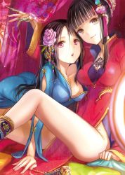 Rule 34 | 2girls, :o, all fours, arm support, bare legs, bed sheet, black hair, blue dress, blunt bangs, breasts, brown eyes, bun cover, china dress, chinese clothes, claw ring, collarbone, dress, floral print, flower, fuzichoco, hair bun, hair flower, hair ornament, head tilt, highres, jewelry, long hair, long sleeves, looking at viewer, medium breasts, multiple girls, off shoulder, original, pelvic curtain, pink eyes, red dress, sheet grab, side slit, sidelocks, single hair bun, sitting, smile, tassel, thighs, wide sleeves