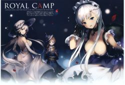 Rule 34 | 3girls, absurdres, azur lane, bare shoulders, belfast (azur lane), blush, braid, breasts, chain, character name, cleavage, collar, collarbone, cup, dress, elbow gloves, from behind, gloves, gradient background, hat, highres, holding, hood (azur lane), huge filesize, illustrious (azur lane), large breasts, long hair, looking at viewer, looking back, maid, maid headdress, multiple girls, open mouth, scan, senji (tegone spike), silver hair, simple background, smile, teacup