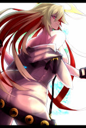 Rule 34 | 1girl, ahoge, arc system works, ass, backboob, bare shoulders, belt, blonde hair, bodysuit, breasts, spiked halo, from behind, gloves, guilty gear, guilty gear xrd, guilty gear xrd: revelator, halo, jack-o&#039; valentine, large breasts, letterboxed, long hair, looking at viewer, looking back, multicolored hair, red eyes, red hair, skin tight, smile, solo, undressing, very long hair, yude