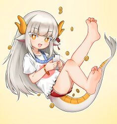 Rule 34 | 1girl, :d, barefoot, bright pupils, cellphone, chinese commentary, colored eyelashes, commentary request, dragon girl, fang, feet, frilled shirt, frills, full body, grey hair, highres, holding, holding phone, kuma-bound, long hair, open mouth, original, phone, print shirt, red shorts, shirt, shorts, simple background, smile, soles, solo, tail, toes, white pupils, white shirt, yellow background, yellow eyes