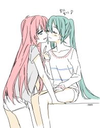 Rule 34 | 2girls, ^ ^, aqua eyes, aqua hair, artist name, bad id, bad pixiv id, blue eyes, blush, bottomless, check translation, closed eyes, collarbone, electric flower, closed eyes, gesture, hatsune miku, imminent kiss, index finger raised, korean text, long hair, long sleeves, megurine luka, multiple girls, musical note, pink hair, quaver, shirt, shorts, simple background, sitting, smile, sweater, t-shirt, text focus, translation request, twintails, vocaloid, white background, yuri