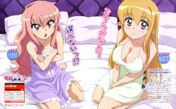 Rule 34 | 2girls, absurdres, angry, bare shoulders, barefoot, bed, between legs, blonde hair, blue eyes, breasts, cleavage, crossed arms, dengeki g&#039;s, feet, fujii masahiro, highres, kneeling, large breasts, louise francoise le blanc de la valliere, magazine scan, multiple girls, nightgown, official art, on bed, open mouth, pillow, pink eyes, pink hair, pointy ears, scan, seiza, sitting, smile, tiffania westwood, wariza, zero no tsukaima
