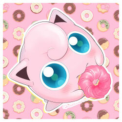 Rule 34 | blush, border, commentary request, creatures (company), doughnut, eating, food, food-themed background, game freak, gen 1 pokemon, holding, holding food, jigglypuff, kishimoto aya, looking at viewer, mouth hold, nintendo, no humans, outline, pink background, pokemon, pokemon (creature), signature, solo, white border