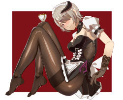 Rule 34 | 1girl, arm support, black gloves, black pantyhose, blush, breasts, choker, cup, detached sleeves, dress, feet, flower, frills, gloves, grey hair, hair over one eye, highres, honkai (series), honkai impact 3rd, horns, looking at viewer, maid, maid headdress, medium breasts, mole, mole under eye, no shoes, outside border, pantyhose, puffy short sleeves, puffy sleeves, purple eyes, red background, red flower, red rose, rita rossweisse, rita rossweisse (umbral rose), rose, short hair, short sleeves, side slit, sidelocks, simple background, sitting, smile, solo, teacup, thighband pantyhose, vic (vedream)