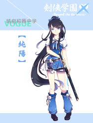 Rule 34 | 1girl, black hair, blue eyes, long hair, pandako, ponytail, solo, sword, weapon