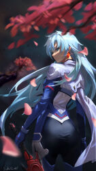 Rule 34 | 1girl, a (xenoblade), ass, blue eyes, blue hair, blurry, blurry foreground, bodysuit, closed mouth, cowboy shot, earrings, falling leaves, floating hair, from behind, highres, holding, holding sword, holding weapon, jewelry, leaf, long hair, looking at viewer, looking back, reverse grip, sakiruo46, signature, solo, sword, tree, very long hair, weapon, xenoblade chronicles (series), xenoblade chronicles 3, zohar