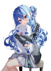 Rule 34 | 1girl, absurdres, blue hair, bow, chair, face squeeze, grey sweater, hair bow, hair bun, half updo, highres, hololive, hoshimachi suisei, hug, long sleeves, looking at viewer, maru (est3562), pleated skirt, simple background, sitting, skirt, solo, star (symbol), star in eye, stuffed animal, stuffed toy, sweater, symbol in eye, virtual youtuber, wariza, white background, white skirt