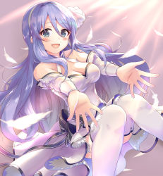 Rule 34 | 1girl, absurdres, bag, blue hair, blush, breasts, cleavage, detached sleeves, dress, falling feathers, feathers, floating hair, green eyes, hair between eyes, hairband, highres, long hair, long sleeves, medium breasts, princess connect!, reaching, reaching towards viewer, shizuru (princess connect!), short dress, shuucream (syuichi), sleeveless, sleeveless dress, solo, thighhighs, very long hair, white dress, white hairband, white sleeves, white thighhighs