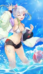 Rule 34 | 1girl, absurdres, ball, beachball, bikini, breasts, commentary, day, green hair, hand up, highres, jacket, large breasts, long hair, multicolored hair, navel, off shoulder, one eye closed, open mouth, original, outdoors, purple eyes, short shorts, shorts, side ponytail, sky, slime (user jpds8754), smile, solo, sunlight, swimsuit, symbol-only commentary, wading, water, white hair