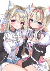 Rule 34 | 2girls, animal ear fluff, animal ears, black jacket, blonde hair, blue eyes, blue hair, blue nails, blush, breasts, cropped jacket, cropped shirt, dog ears, dog girl, dog tail, fake claws, fur-trimmed jacket, fur trim, fuwamoco, fuwawa abyssgard, fuwawa abyssgard (1st costume), hair ornament, hairpin, haru hhmn, highres, hololive, hololive english, jacket, large breasts, long hair, looking at viewer, medium hair, mococo abyssgard, mococo abyssgard (1st costume), multicolored hair, multiple girls, nail polish, pink eyes, pink hair, shirt, short shorts, shorts, skirt, skirt set, small breasts, smile, streaked hair, tail, virtual youtuber, white background, white shirt, white shorts, white skirt, x hair ornament