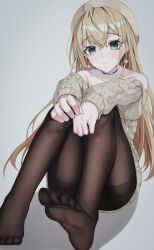 Rule 34 | 1girl, beret, black pantyhose, brown hat, choker, closed mouth, earrings, eyes visible through hair, feet, ha en, hand on knees, hat, jewelry, knees together feet apart, knees up, long hair, looking at viewer, off-shoulder sweater, off shoulder, original, pantyhose, sitting, solo, sweater