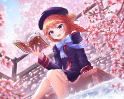 Rule 34 | 1girl, :d, absurdres, beret, black hat, blue bow, blue eyes, blurry, blurry background, blush, book, bow, braid, branch, cherry blossoms, commentary request, day, flower, from below, hat, highres, holding, holding book, ichizon, long hair, long sleeves, looking at viewer, open book, open mouth, outdoors, princess connect!, red hair, scenery, sitting, smile, solo, spring (season), tree, water, yuni (princess connect!)