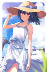 Rule 34 | 1girl, alisia0812, bare shoulders, blue hair, blue ribbon, blue sky, blush, breasts, closed mouth, collarbone, dress, hat, highres, idolmaster, idolmaster shiny colors, looking at viewer, morino rinze, red eyes, ribbon, short hair, sky, small breasts, smile, sun hat, white dress