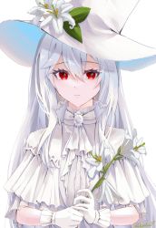 Rule 34 | 1girl, albino, arknights, ascot, closed mouth, dress, flower, gloves, hat, hat flower, highres, holding, holding flower, lily (flower), looking at viewer, mihata atelier, red eyes, short sleeves, signature, simple background, skadi (arknights), solo, upper body, white ascot, white background, white dress, white flower, white gloves, white hair, white hat, white theme
