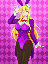Rule 34 | 1girl, adapted costume, animal ears, bare shoulders, blonde hair, breasts, rabbit ears, cleavage, hat, highres, japanese clothes, lactone, large breasts, leotard, long hair, looking at viewer, pantyhose, smile, solo, touhou, yakumo yukari, yellow eyes