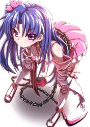 Rule 34 | 1girl, alternate costume, bare shoulders, bent over, blue eyes, blush, chain, cinderella (mary skelter), earrings, hair ornament, jewelry, looking at viewer, mary skelter, mizunashi (second run), side ponytail, solo