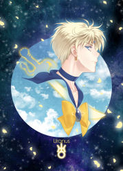 Rule 34 | 1girl, bishoujo senshi sailor moon, blonde hair, blue background, blue eyes, blue neckwear, blue sailor collar, bow, brooch, character name, closed mouth, earrings, from side, jewelry, looking at viewer, magical girl, nickii25, profile, sailor collar, sailor uranus, short hair, smile, solo, ten&#039;ou haruka, uranus symbol, yellow bow